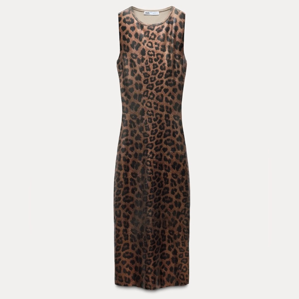 Zara Leopard Print Knit Foil Midi Dress XS